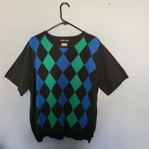 Sag Harbor Womans Black Blue Teal Harlequin Graphic Pullover Short Sleeve Shirt